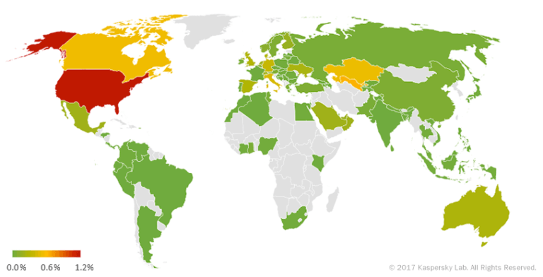 Geografía de los troyanos ransomware móvil en Q1 2017 (porcentaje de todos los usuarios atacados)