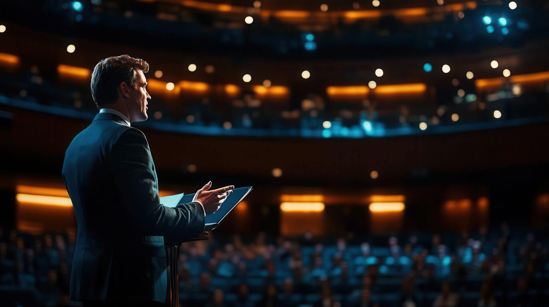 A CEO delivering a keynote in a well-lit modern auditorium, Company showcase presentation, executive leadership