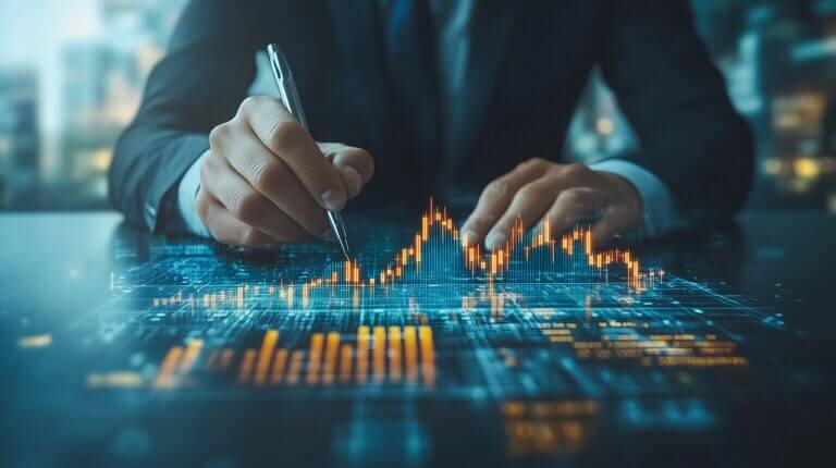 Strategic Planning: A businessman meticulously analyzing intricate data and charting a course for success, showcasing the power of digital technology in modern business.