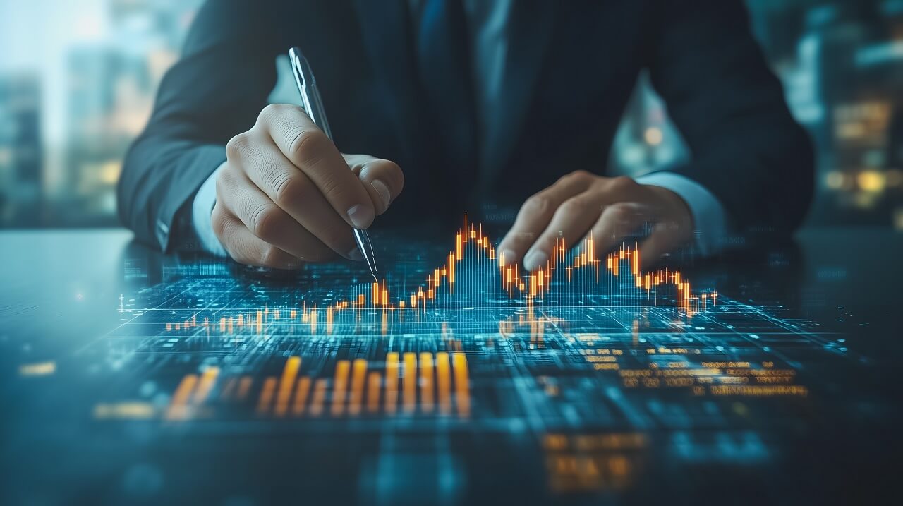 Strategic Planning: A businessman meticulously analyzing intricate data and charting a course for success, showcasing the power of digital technology in modern business.