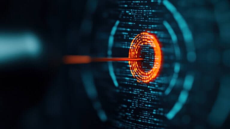 Precision Tech Visualization Futuristic Digital Targeting Interface with Glowing Arrow Impact – Innovative Data Dynamics and Technological Achievement Concept