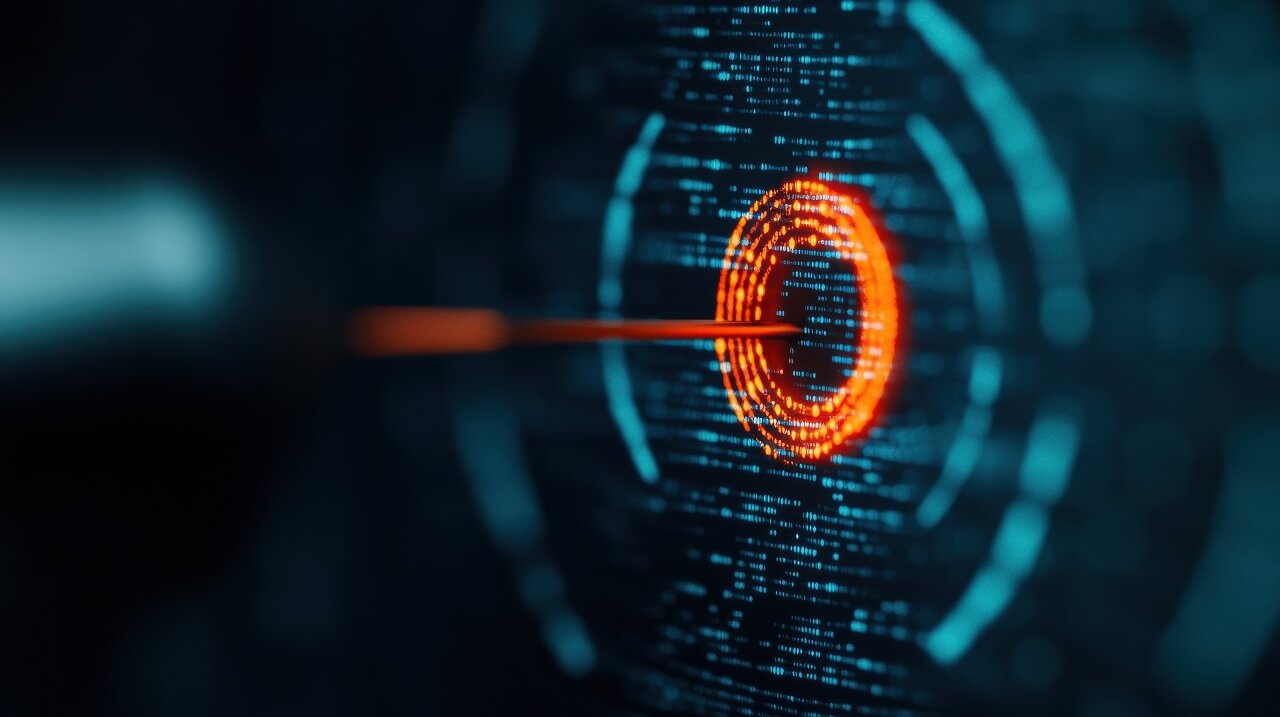 Precision Tech Visualization Futuristic Digital Targeting Interface with Glowing Arrow Impact – Innovative Data Dynamics and Technological Achievement Concept