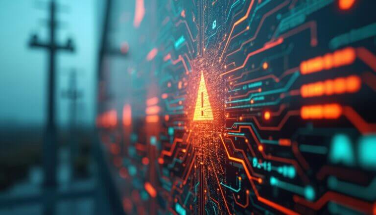 Close-up of digital interface shows cyber-attack attempt on electrical grid. Warning alert symbol flashes with data flowing, cyber security risk. Power outage threat with power lines tech background.