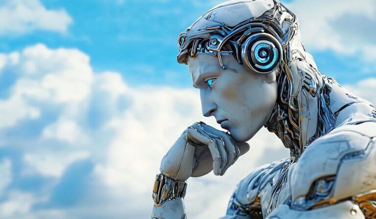 AI robot posing as the thinker statue –