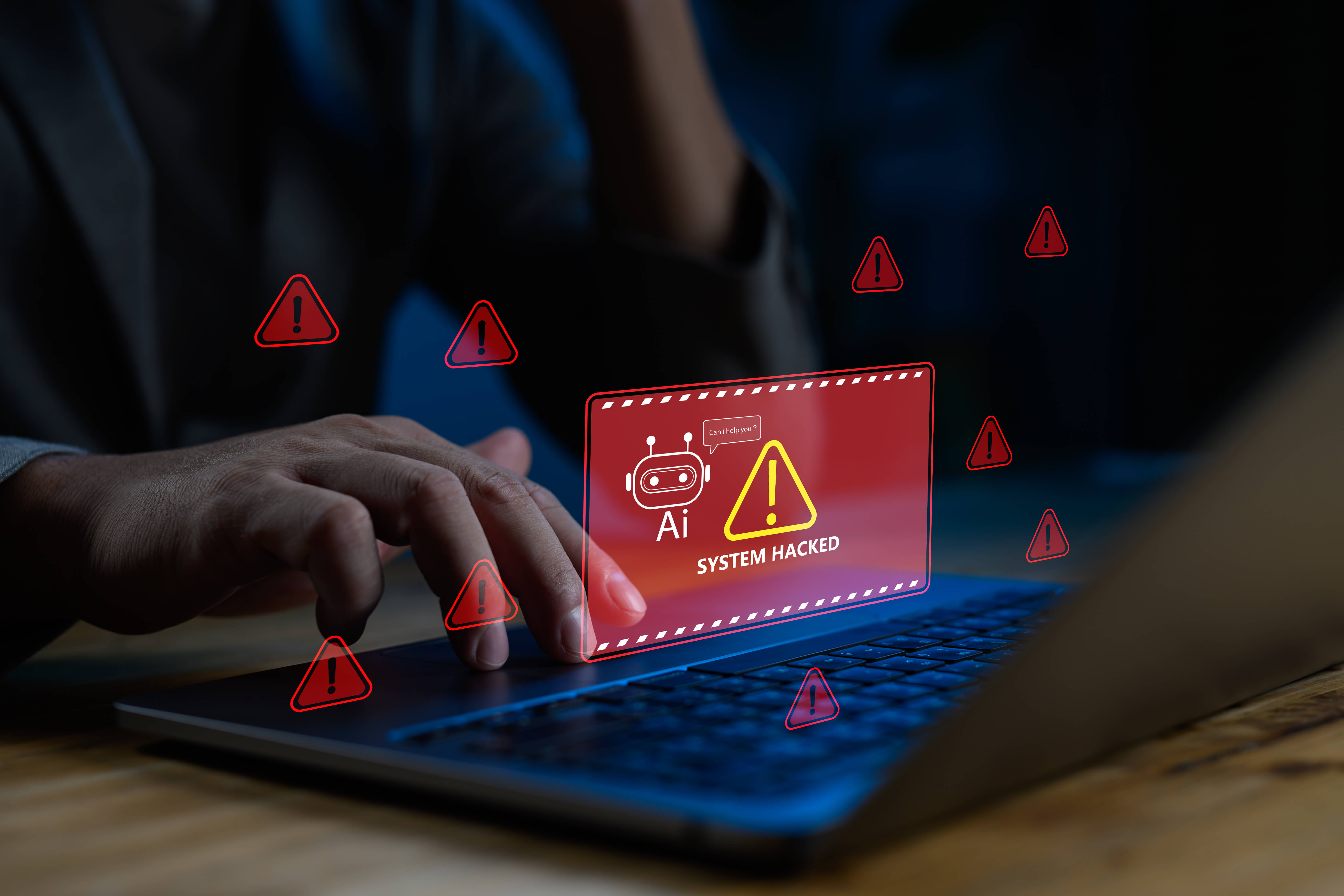 AI assistant detects system breach and security threats with alert interface, ideal for illustrating cyberattack warning, AI monitoring and automated incident response systems. Cybersecurity with AI.