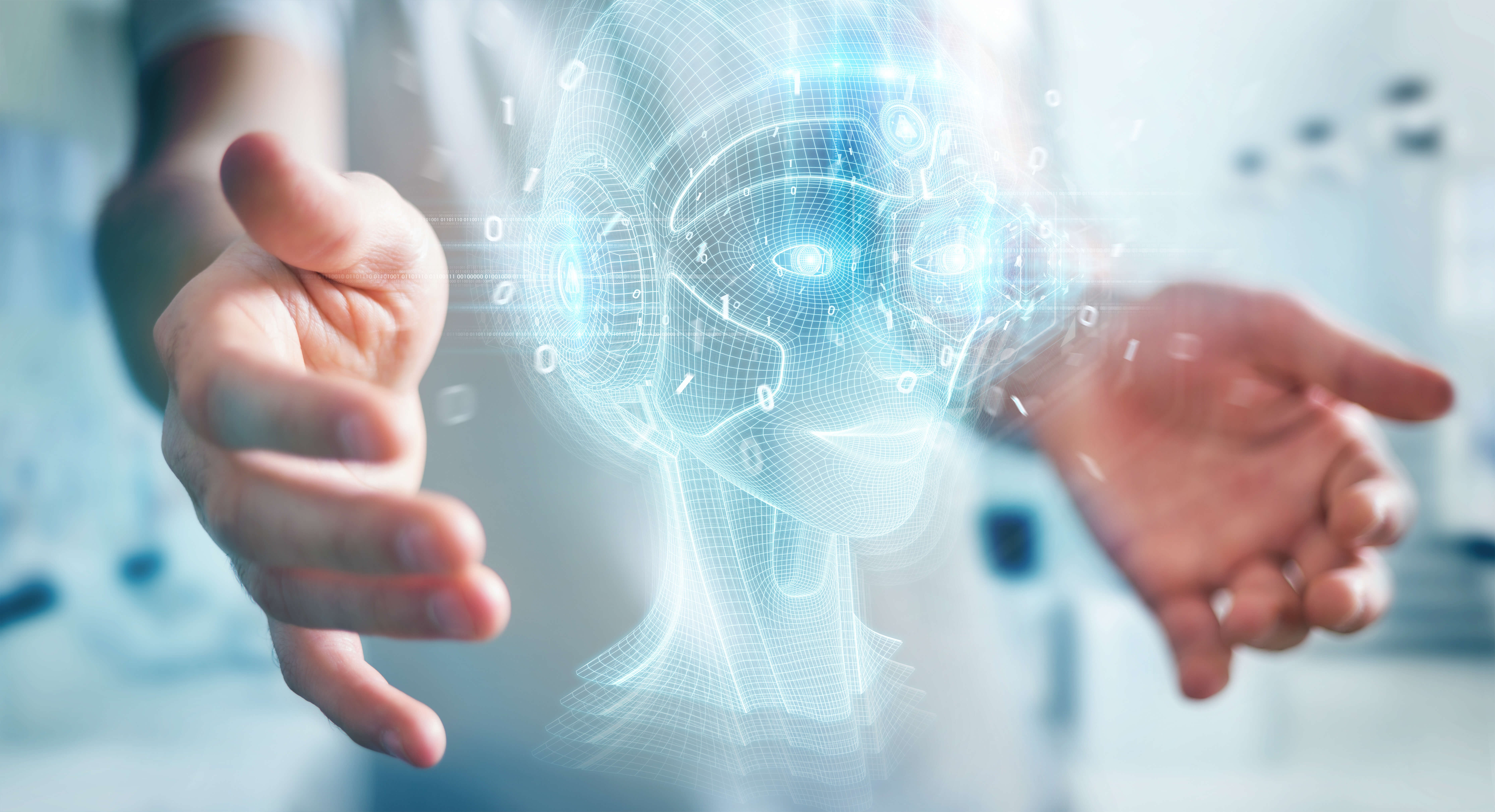 Businessman using digital artificial intelligence head interface 3D rendering