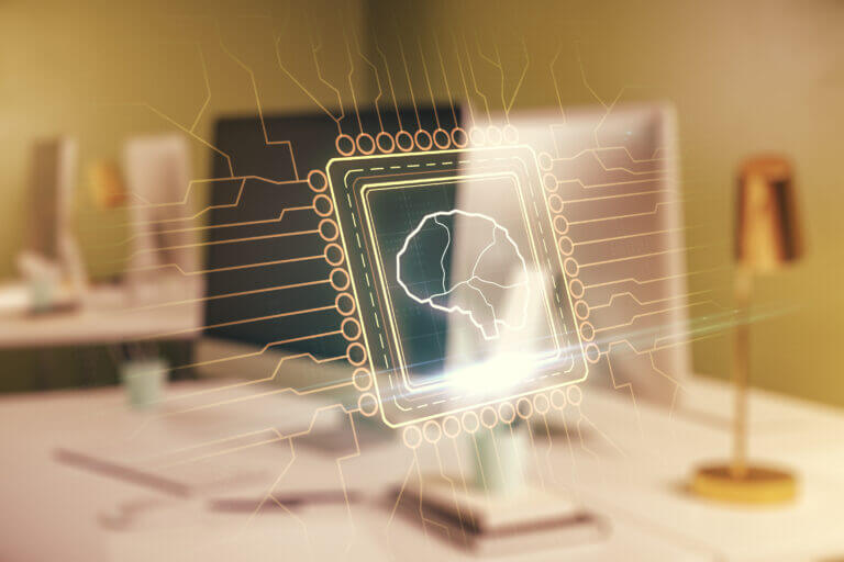 Double exposure of creative human brain microcircuit with computer on background. Future technology and AI concept