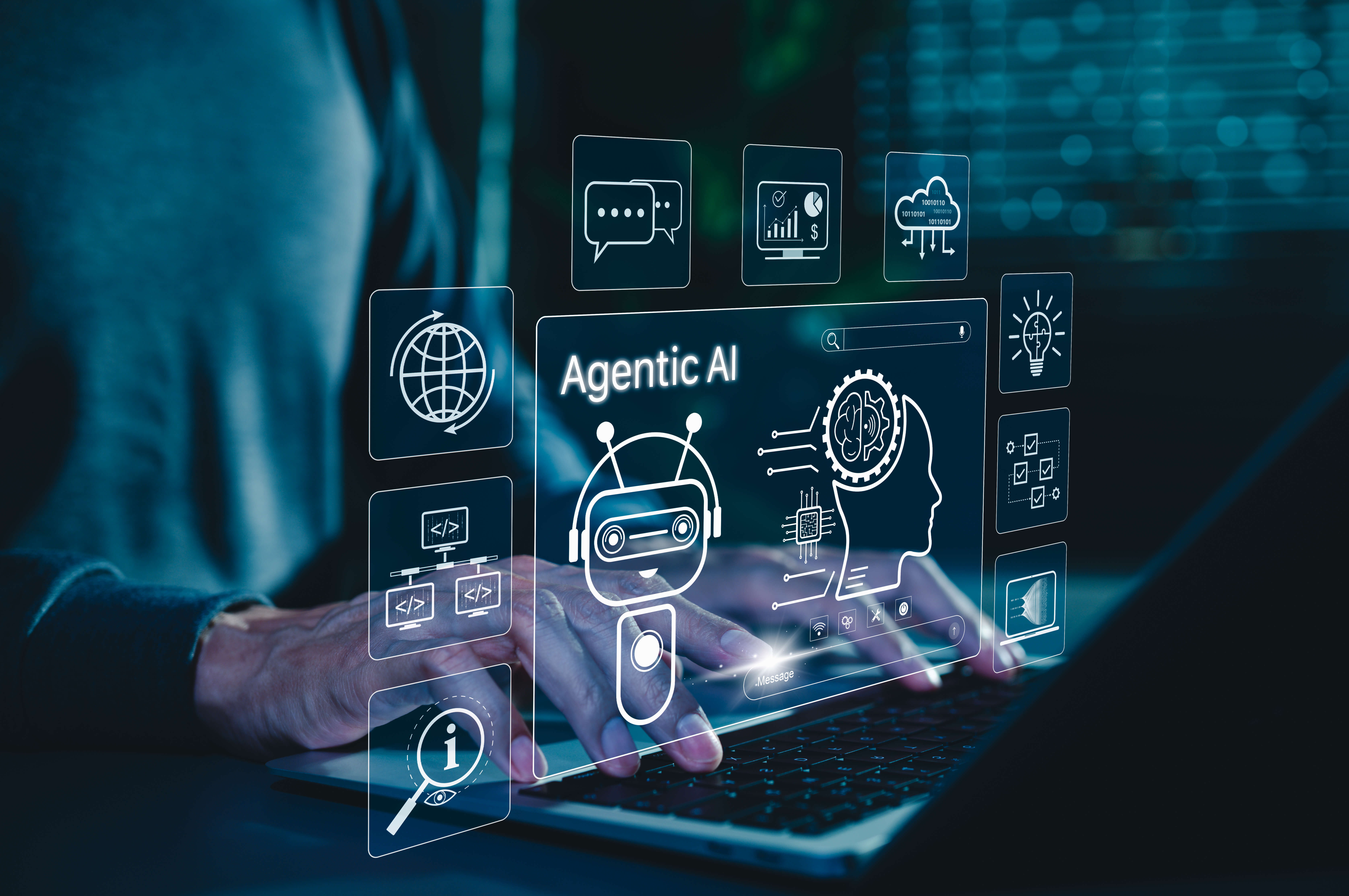 Agentic AI Technology for Intelligent Digital Automation Systems. Man using laptop with robot, brain, agentic AI icons, advanced artificial intelligence, automation, intelligent solutions, modern tech