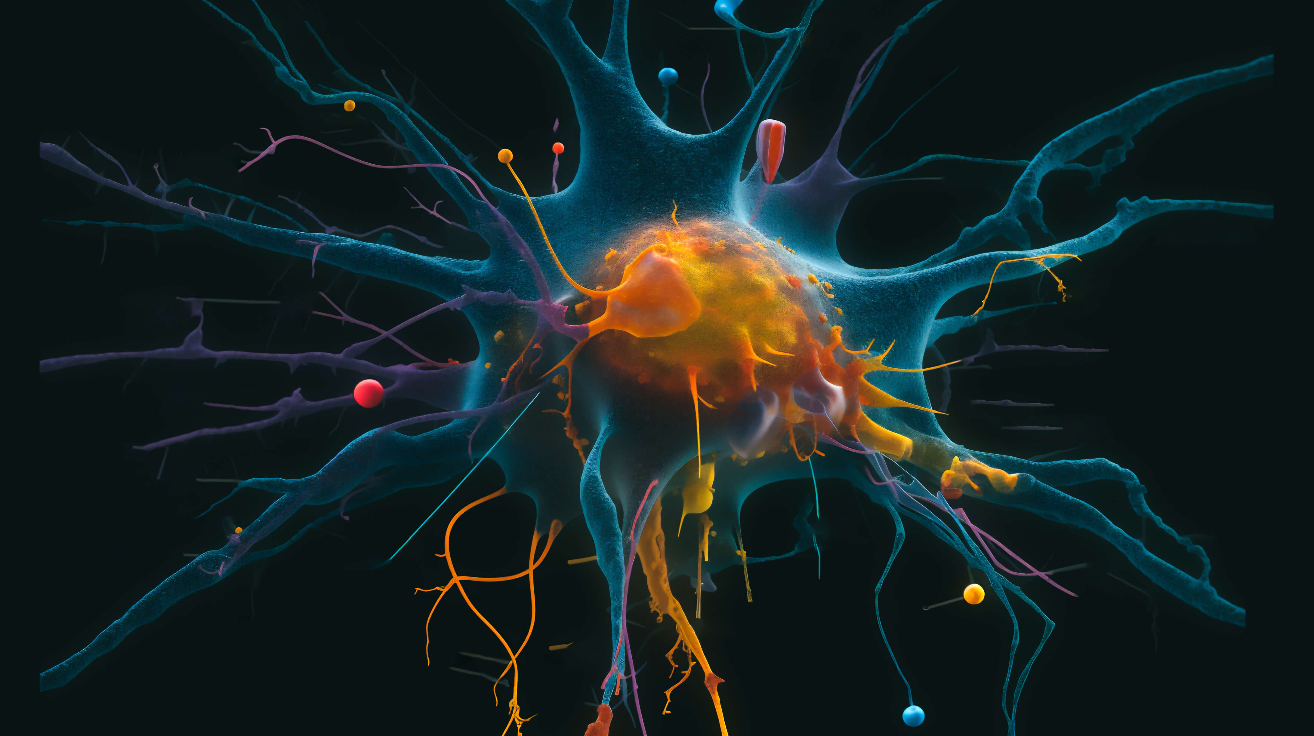 a magnified view of a neuron cell with different colored receptors and proteins, Generative AI