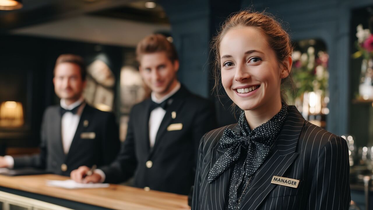 hotel manager woman smiling at front desk in luxury resort welcoming guests with professional service and elegant hospitality