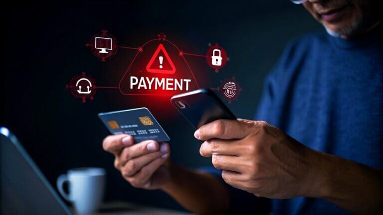 Securely manage digital payments with credit card and smartphone, highlighting financial transaction security and online banking.