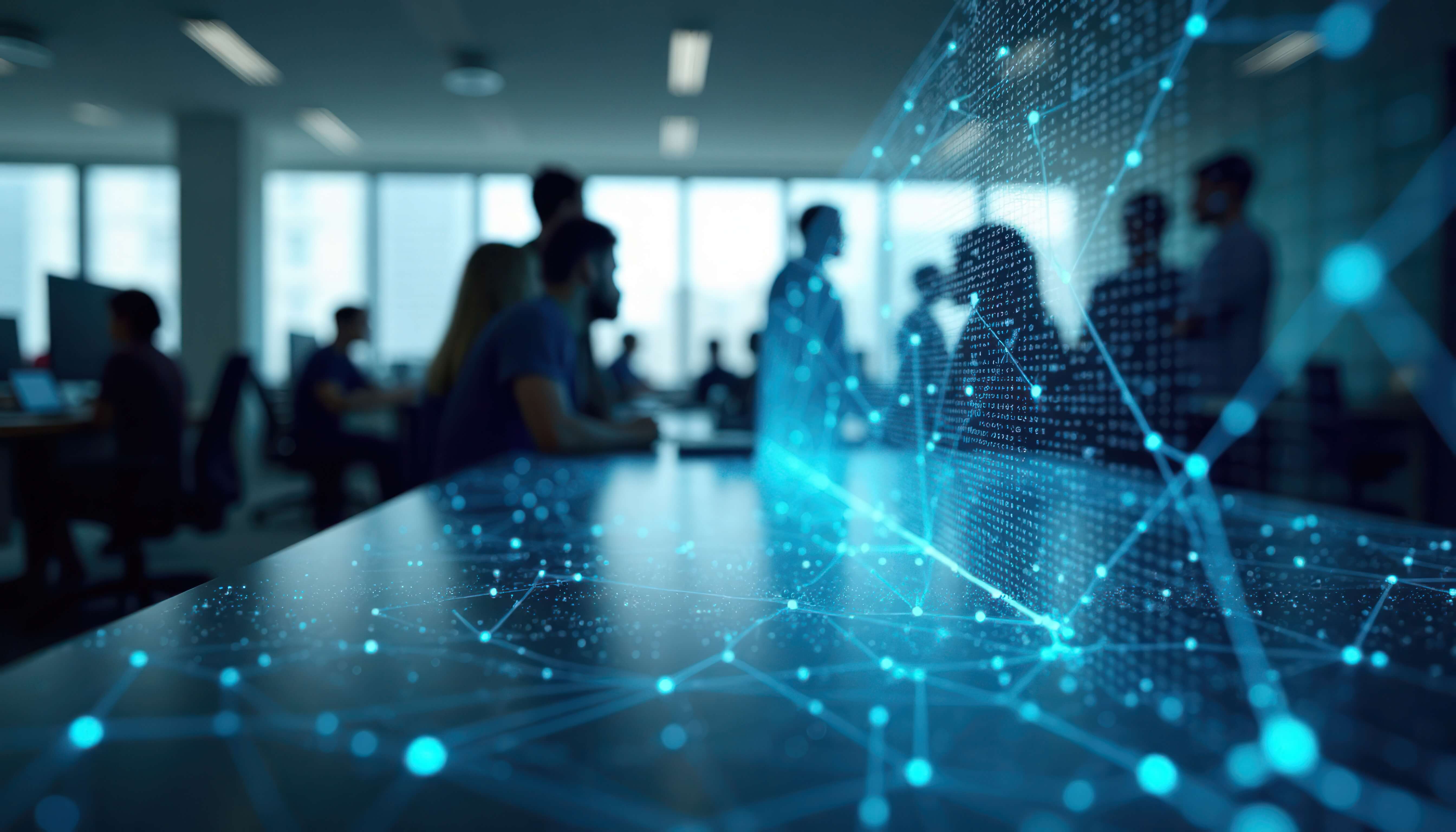 Modern office interior showing people working. Network connections overlayed on table top. Digital transformation and business communication network concept. Generative AI tech displayed.