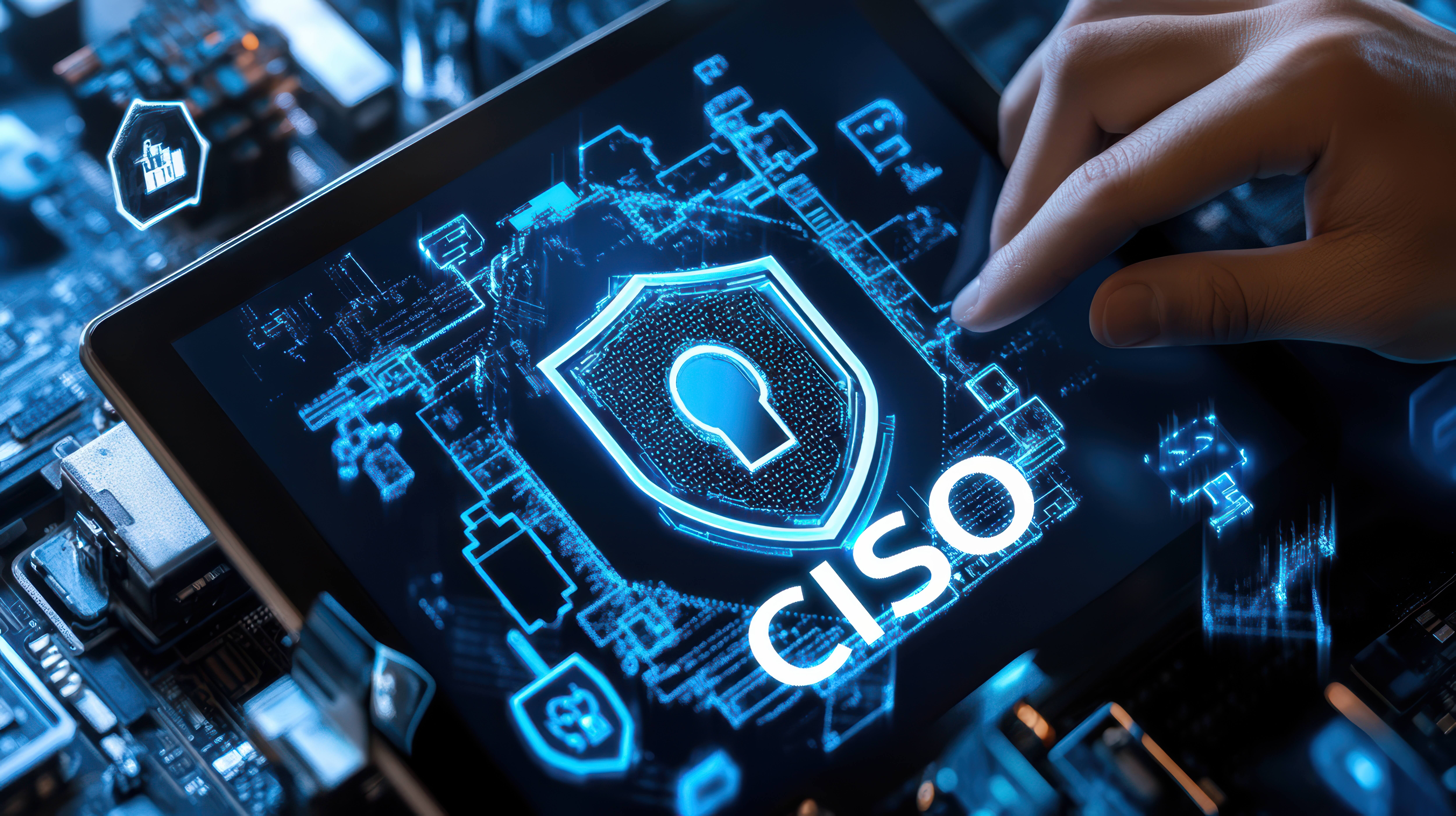 Cybersecurity Concept with CISO Shield on Digital Tablet and Futuristic Circuit Board Background Highlighting Data Protection