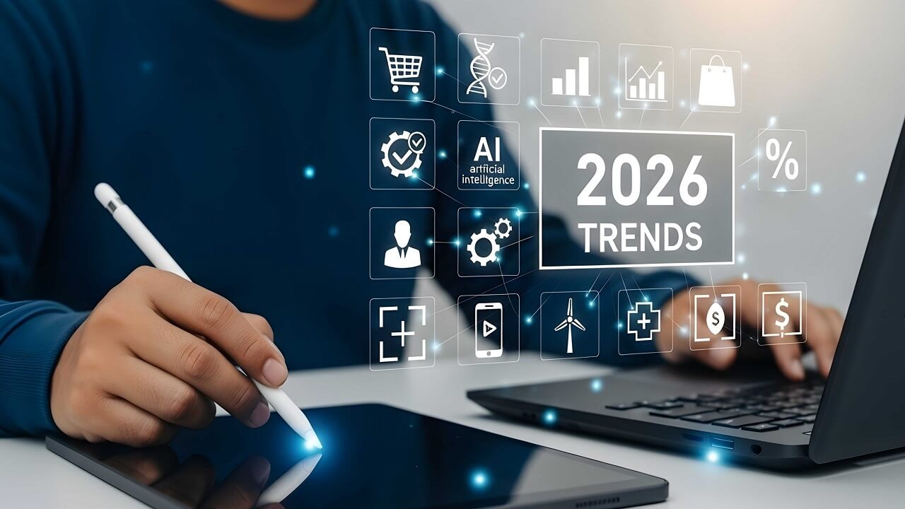 Man analyzing 2026 trends using digital devices.