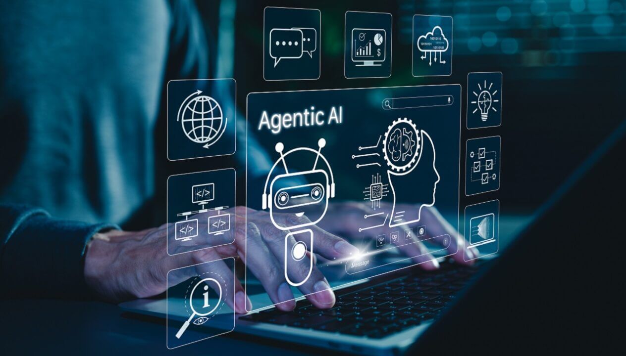 Agentic AI Technology for Intelligent Digital Automation Systems. Man using laptop with robot, brain, agentic AI icons, advanced artificial intelligence, automation, intelligent solutions, modern tech