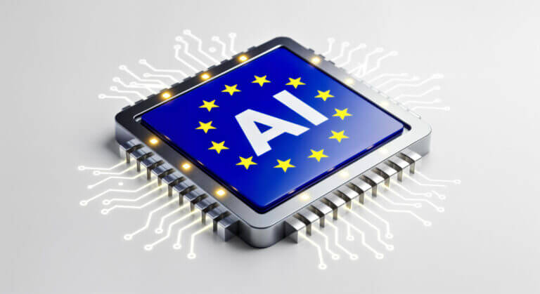 Microchip with European Union Flag in Center and «Ai» Text Overlay on Empty White Isolated Background