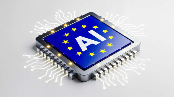 Microchip with European Union Flag in Center and «Ai» Text Overlay on Empty White Isolated Background