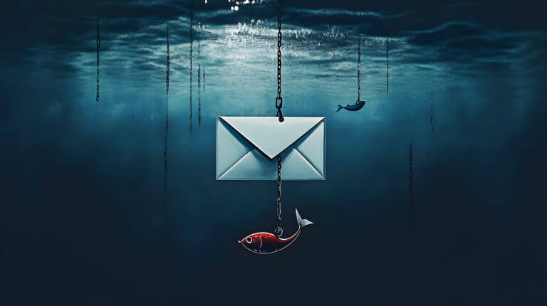 Phishing Email Trap: A conceptual illustration of a phishing email attached to a fishing hook, symbolizing the danger of online scams and the need for cybersecurity awareness.