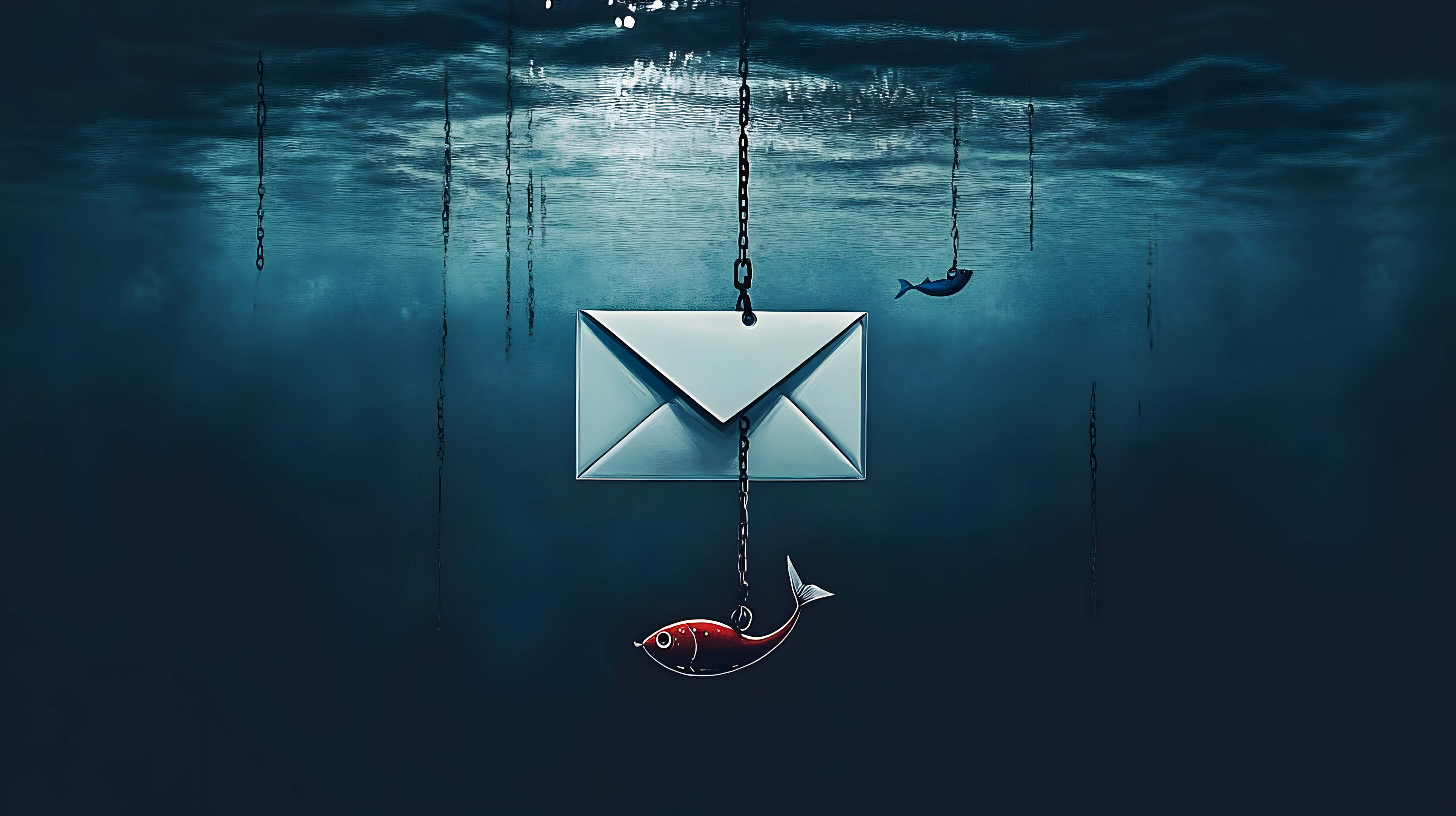 Phishing Email Trap: A conceptual illustration of a phishing email attached to a fishing hook, symbolizing the danger of online scams and the need for cybersecurity awareness.