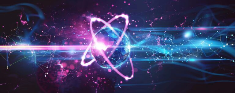 quantum computing background abstract banner header. Energy field entanglement qubit for banner background description of innovative technology