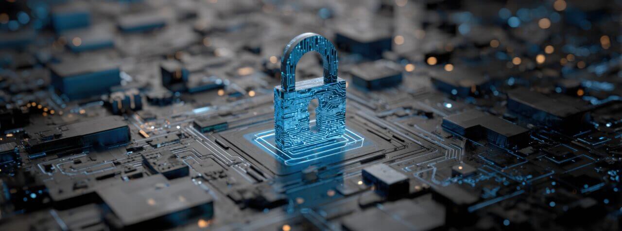digital padlock icon on a blue digital circuit board background, representing the concept of data security protection and cyber security technology. digital rendering of a lock symbol in the form of a computer chip with a neon light effect.