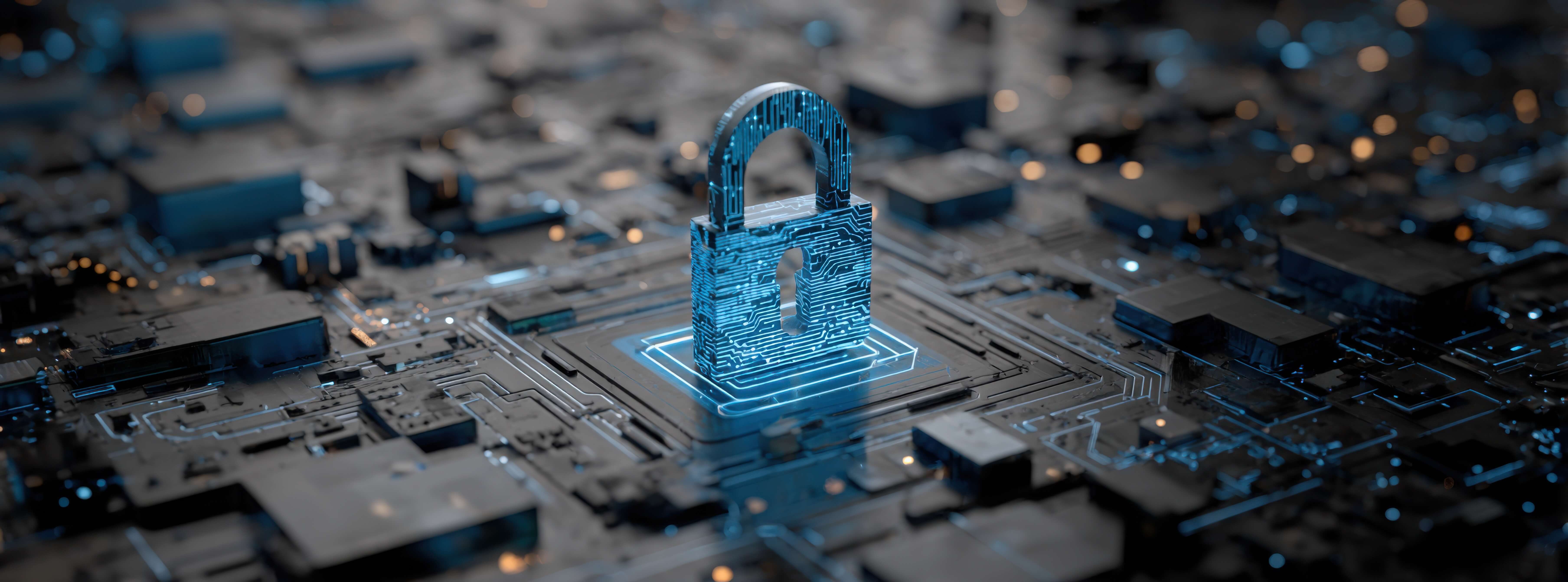 digital padlock icon on a blue digital circuit board background, representing the concept of data security protection and cyber security technology. digital rendering of a lock symbol in the form of a computer chip with a neon light effect.