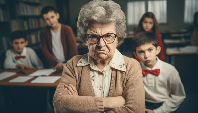 Portrait of angry old teacher in a at elementary school.