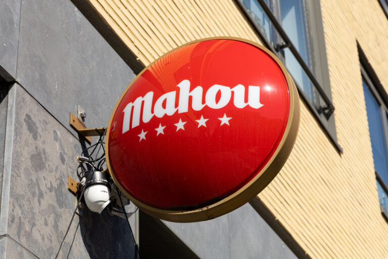 Mahou logo sign at a bar. Mahou San Miguel is a Spanish beer brewing company. Utrecht, the Netherlands. 08 July 2023.