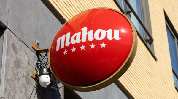 Mahou logo sign at a bar. Mahou San Miguel is a Spanish beer brewing company. Utrecht, the Netherlands. 08 July 2023.