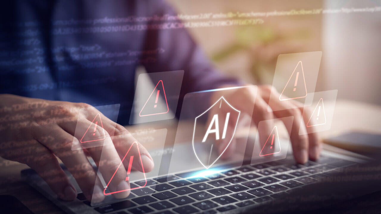 Safety concept, AI shield, warning sign and check mark, safety measures in artificial intelligence system.