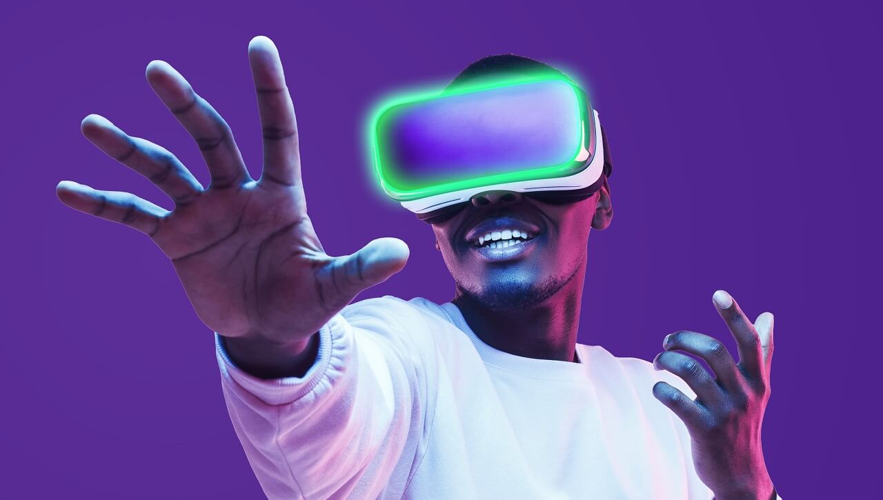 Banner of black man in vr headset exploring metaverse world, touching virtual reality subjects