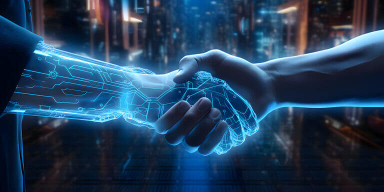 Handshake between a cyber hand hand a human hand – Technologies and artificial intelligence concept