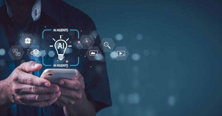 A professional uses a smartphone to access futuristic AI agents with icons for chat, search, and cloud data, representing artificial intelligence, smart business solutions, and digital innovation.