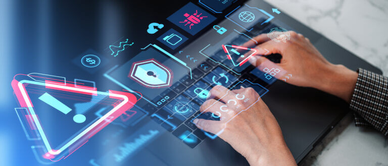 Woman hands with laptop and cybersecurity interface