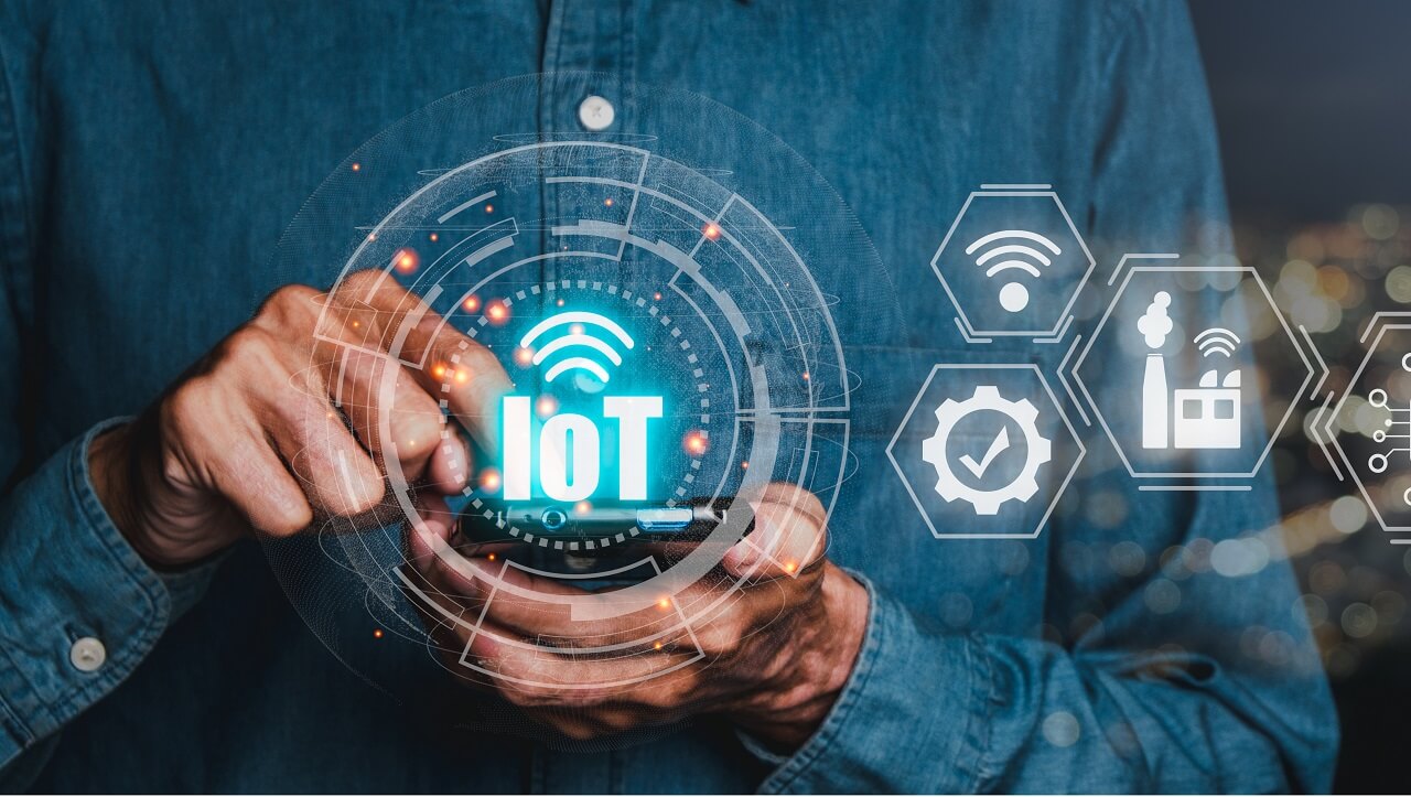 IOT Internet of things, Person hand touching smart phone with VR screen Internet of things icon background, Digital transformation, Modern technology concept.