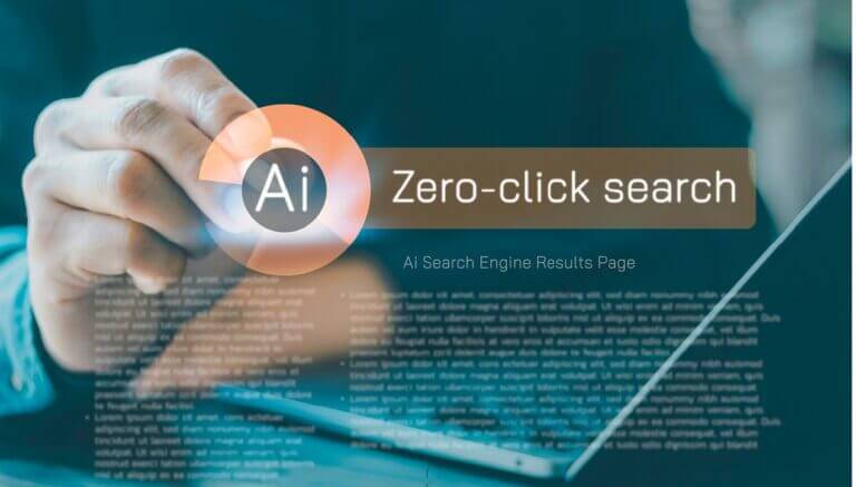 Zero Click Searches concept with businessmen using AI and virtual screens to optimize GEO, SEO, and AI Overviews. Represents the future of search engines, instant results, knowledge panel technology.