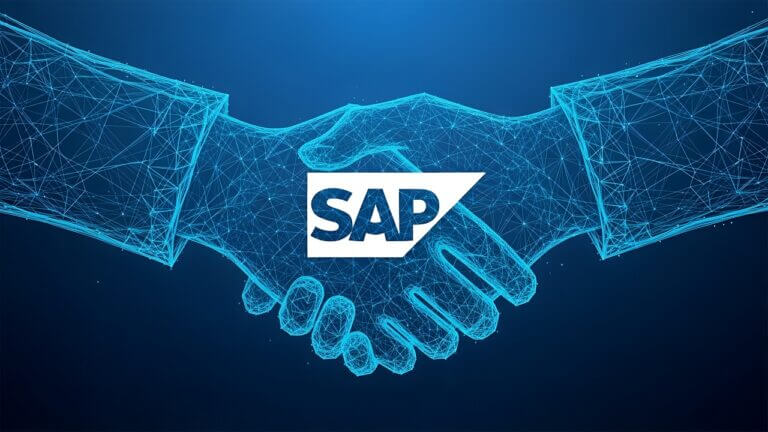 Digital handshake formed by glowing blue lines with sap logo symbolizing business partnership and technology integration