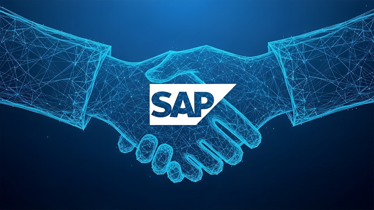 Digital handshake formed by glowing blue lines with sap logo symbolizing business partnership and technology integration