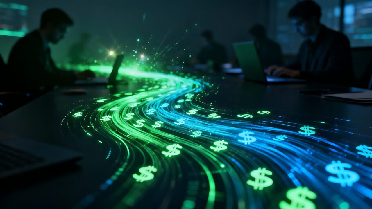 Generative AI digital currency flow with dollar signs