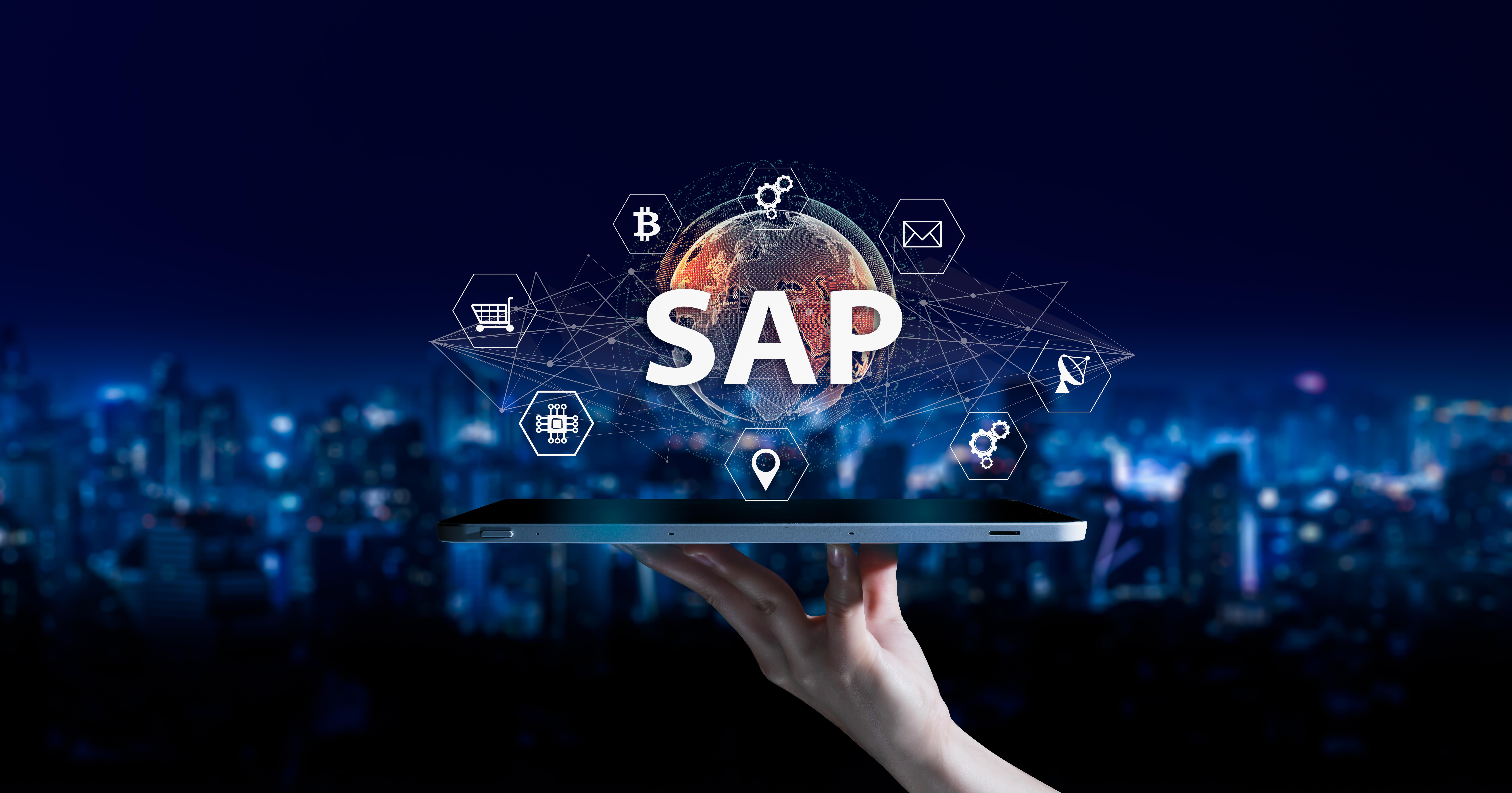 SAP – Business process automation software and management software (SAP). ERP enterprise resources planning system concept on virtual screen.