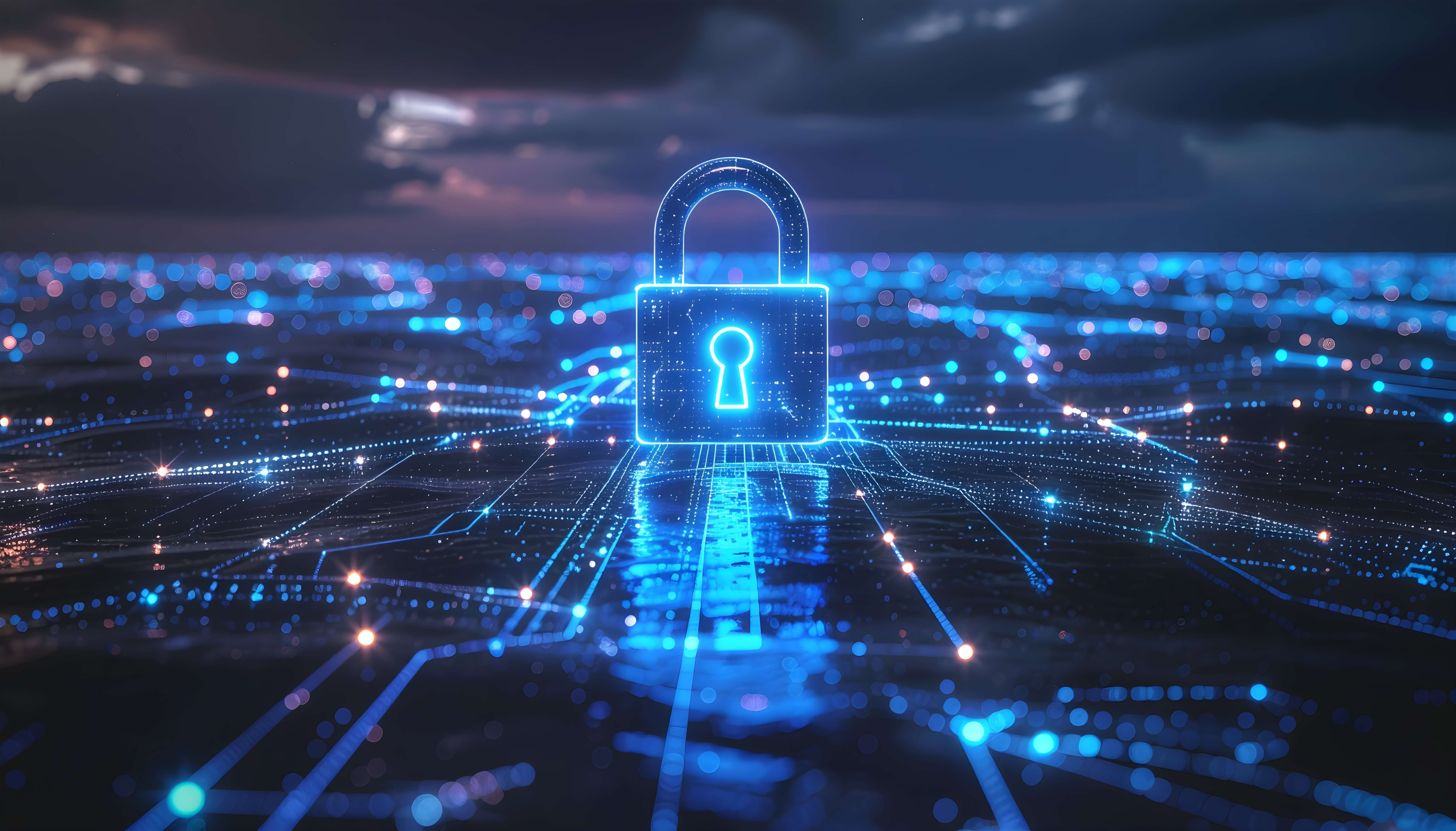 glowing cyber padlock rising above a digital network security landscape