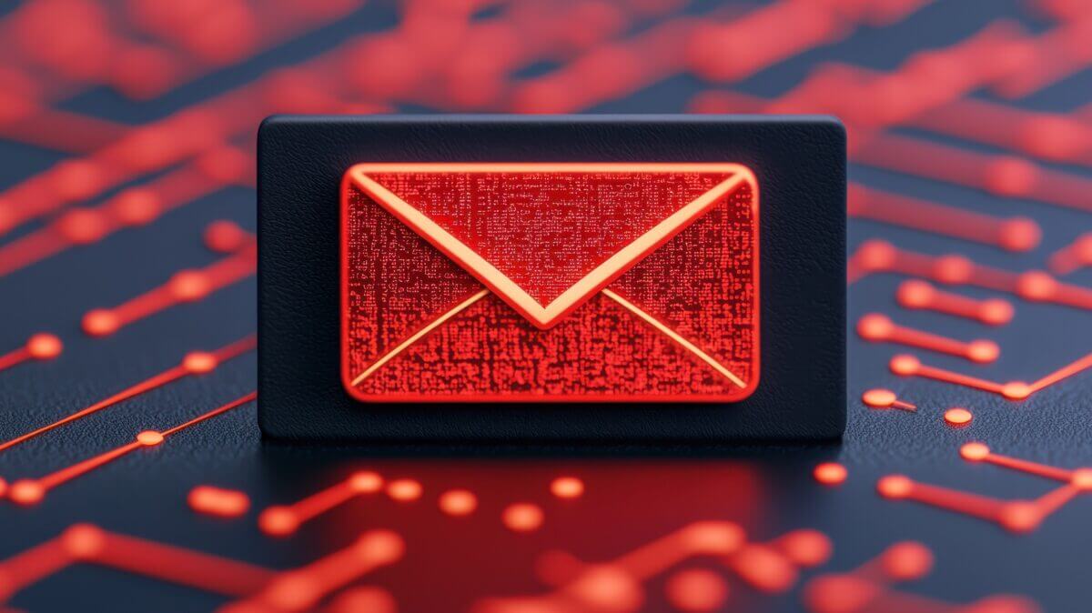 cybersecurity solution phishing risk concept. A glowing red envelope icon on a circuit board background symbolizes digital communication and technology.