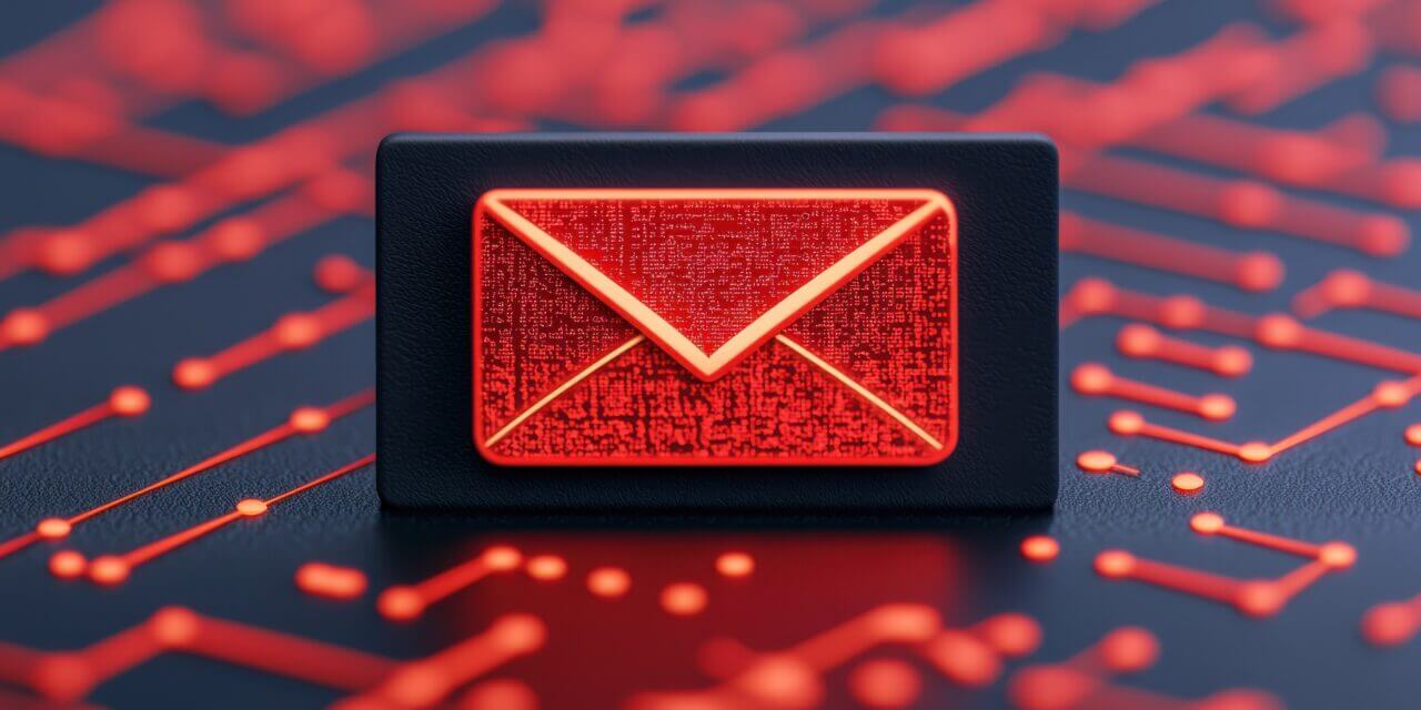 cybersecurity solution phishing risk concept. A glowing red envelope icon on a circuit board background symbolizes digital communication and technology.