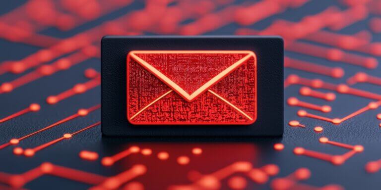 cybersecurity solution phishing risk concept. A glowing red envelope icon on a circuit board background symbolizes digital communication and technology.