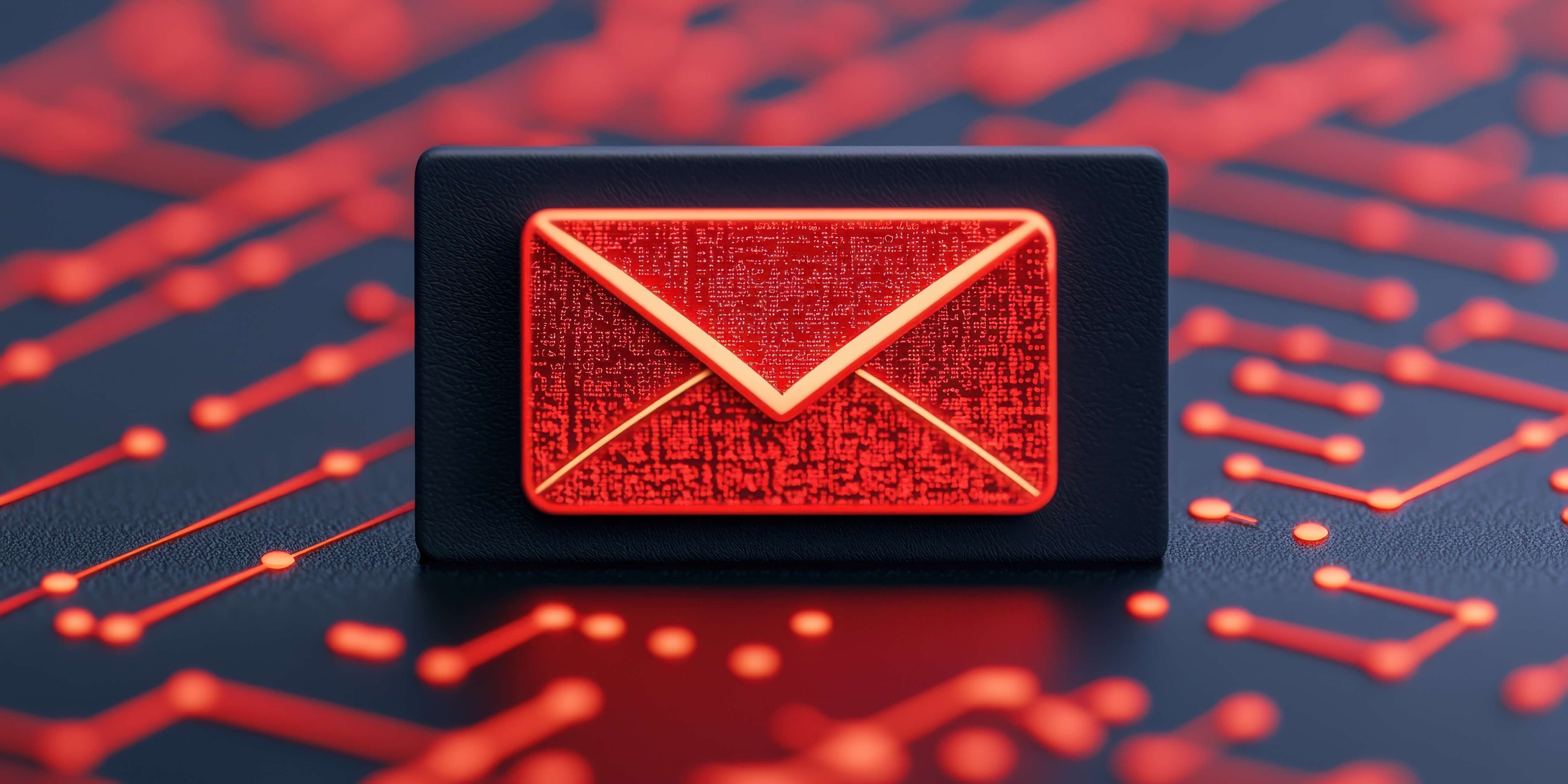 cybersecurity solution phishing risk concept. A glowing red envelope icon on a circuit board background symbolizes digital communication and technology.