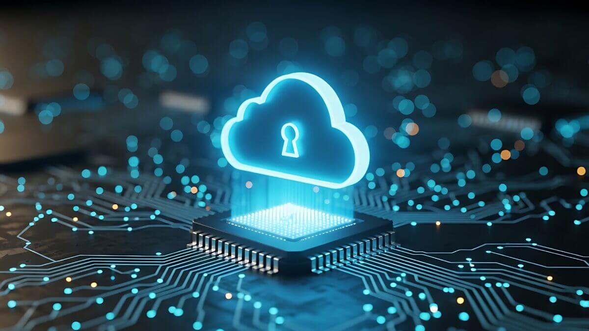 symbolizing data sovereignty and code compliance,Glowing cloud with padlock hovering above circuit board representation of cloud security and data encryption, showing a glowing cloud