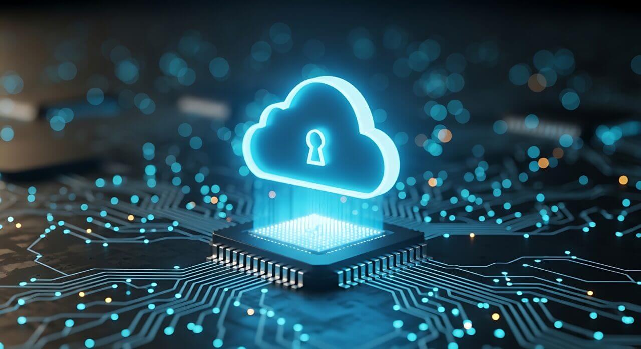 symbolizing data sovereignty and code compliance,Glowing cloud with padlock hovering above circuit board representation of cloud security and data encryption, showing a glowing cloud