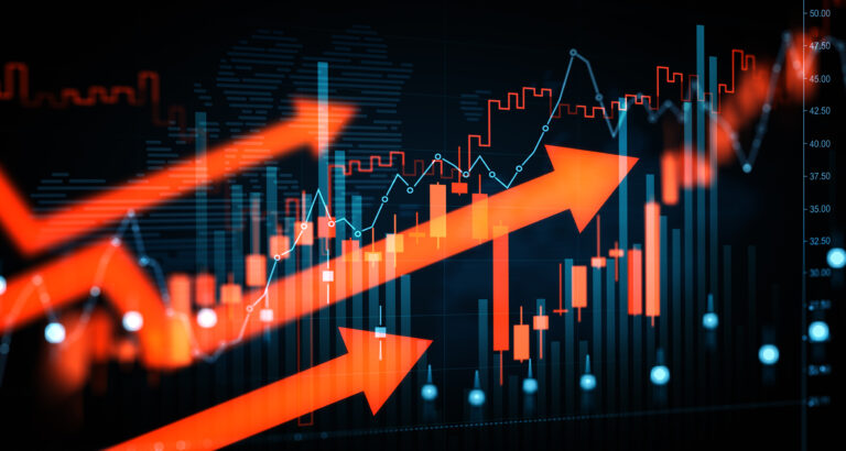 Dynamic financial trading chart with rising red arrows and illuminated market indicators depicting upward economic movement and future investment trend.