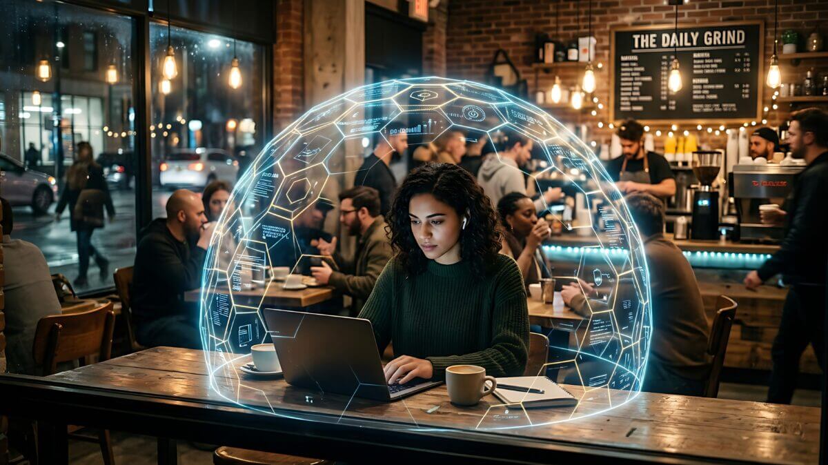 Young woman with wireless earbuds working on laptop in a cafe protected by a digital security network dome, concept of cyber safety and data protection.