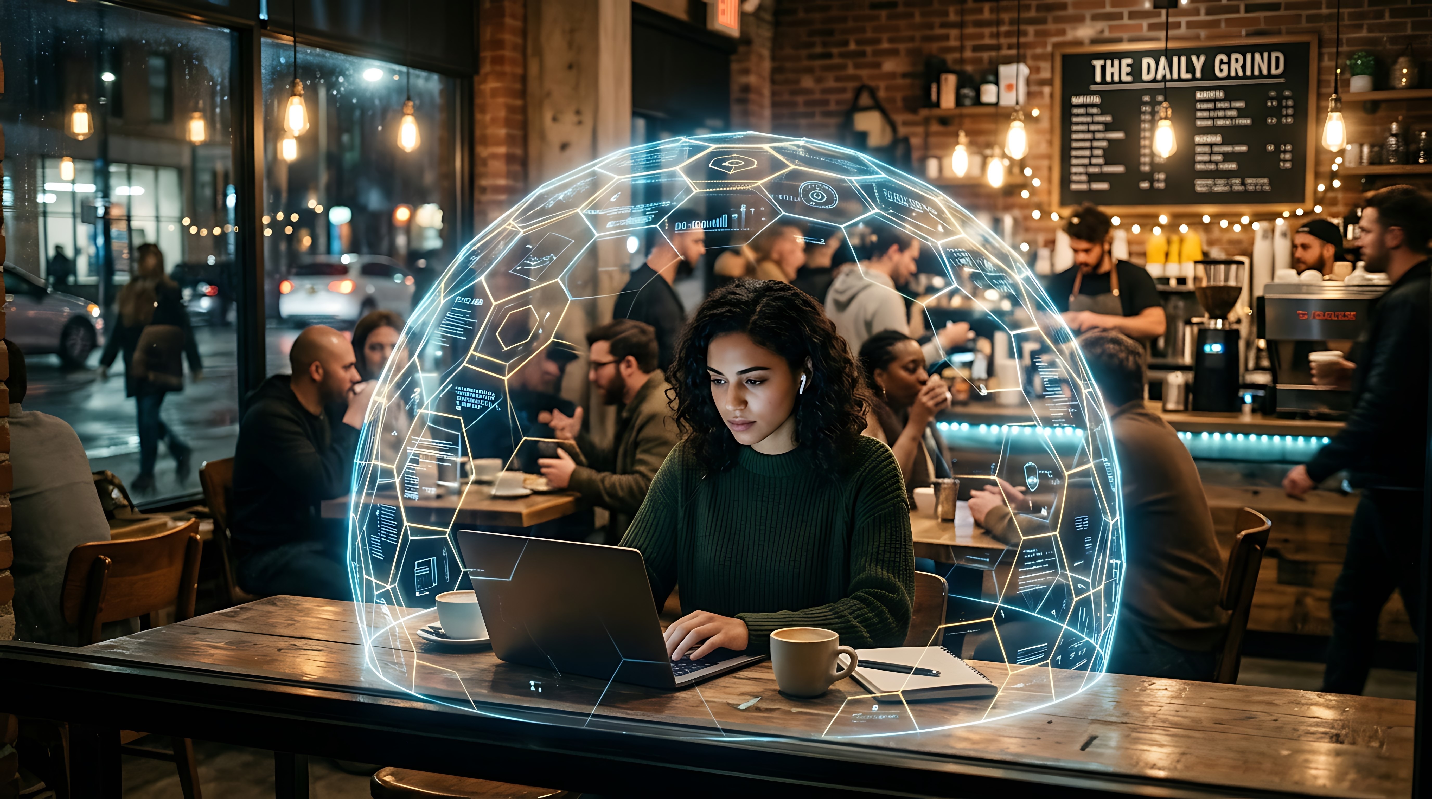 Young woman with wireless earbuds working on laptop in a cafe protected by a digital security network dome, concept of cyber safety and data protection.